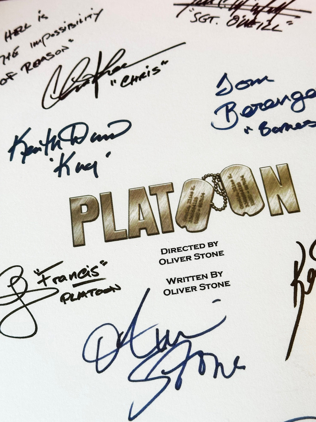 PLATOON Signed Movie Script, With Printed Cast Signatures, Autographs