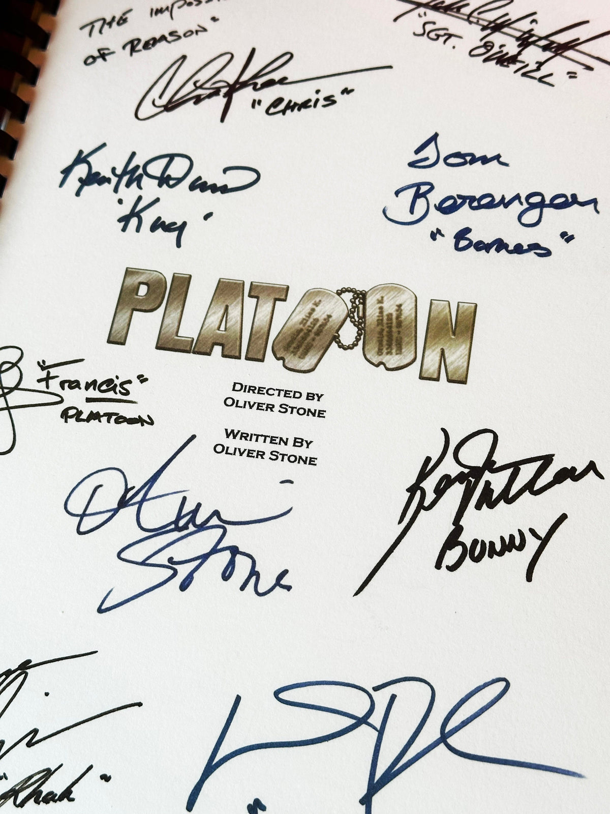 PLATOON Signed Movie Script, With Printed Cast Signatures, Autographs