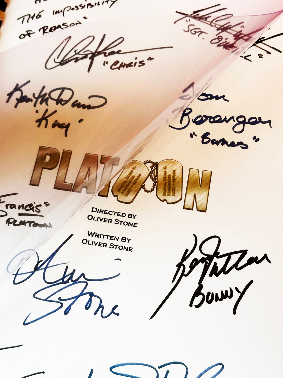 PLATOON Signed Movie Script, With Printed Cast Signatures, Autographs