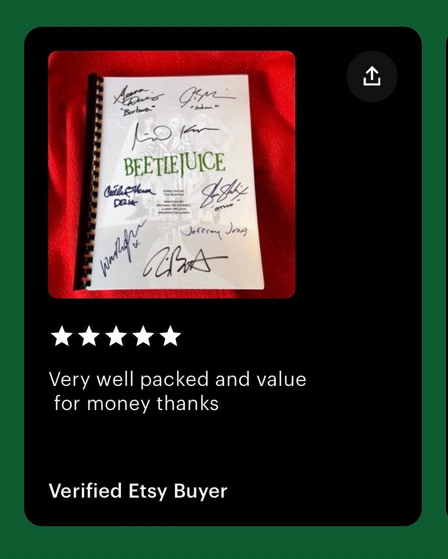 BEETLE, JUICE Movie Script, With Printed Cast Signatures, Autographs