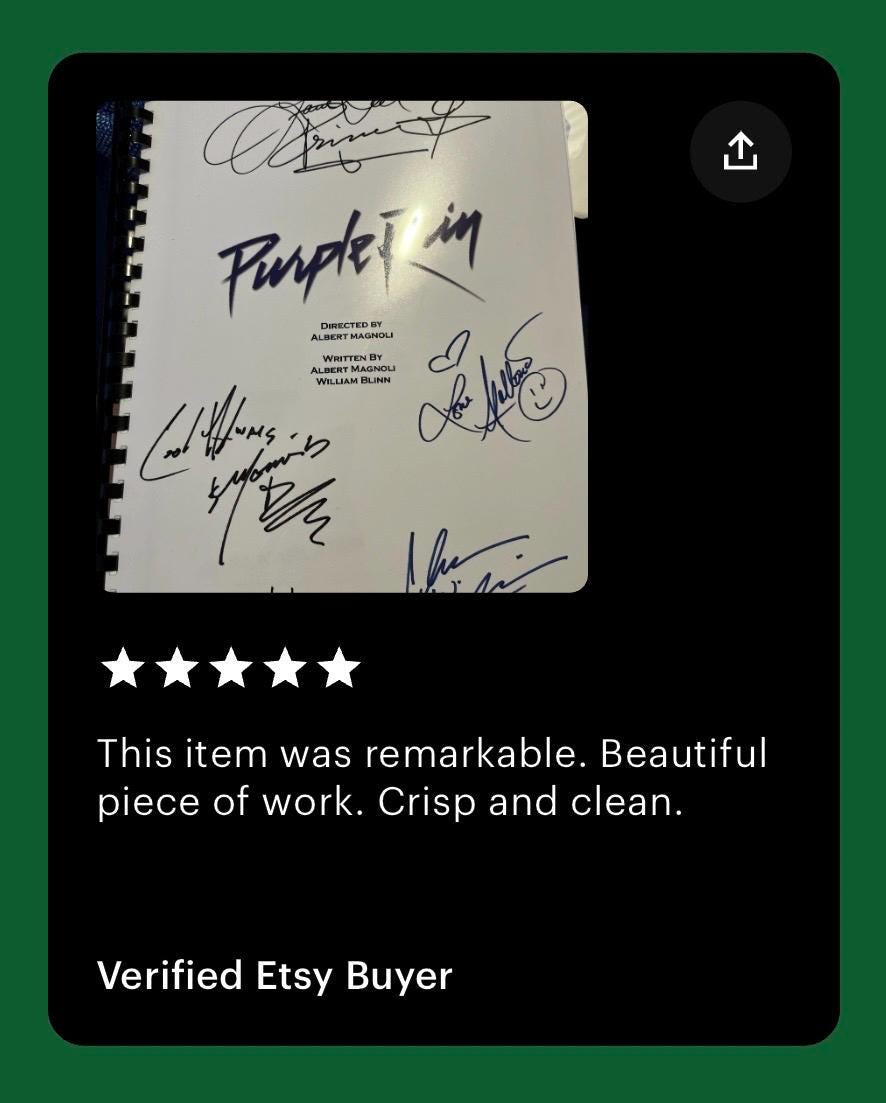 PURPLE, RAIN Movie Script, Screenplay, With Printed Cast Signatures, Autographs