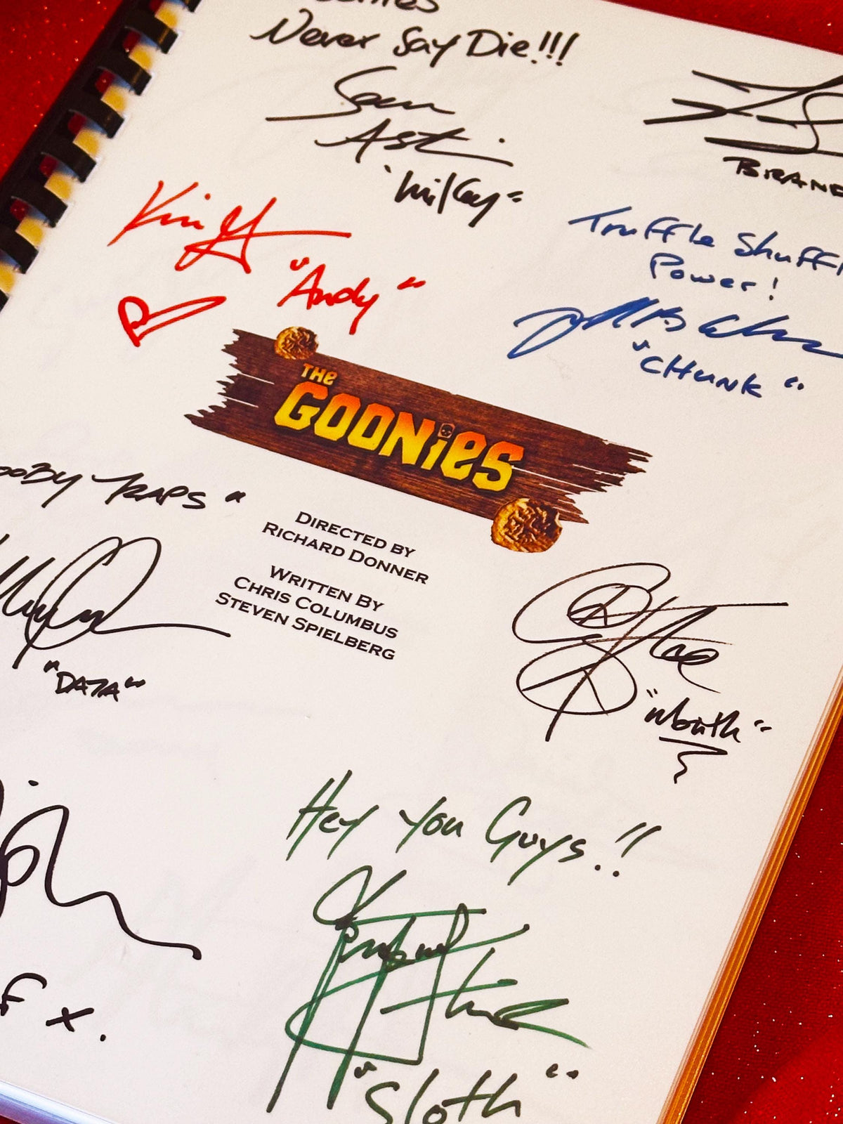 GOONIES Signed Movie Script, With Printed Cast Signatures, Autographs
