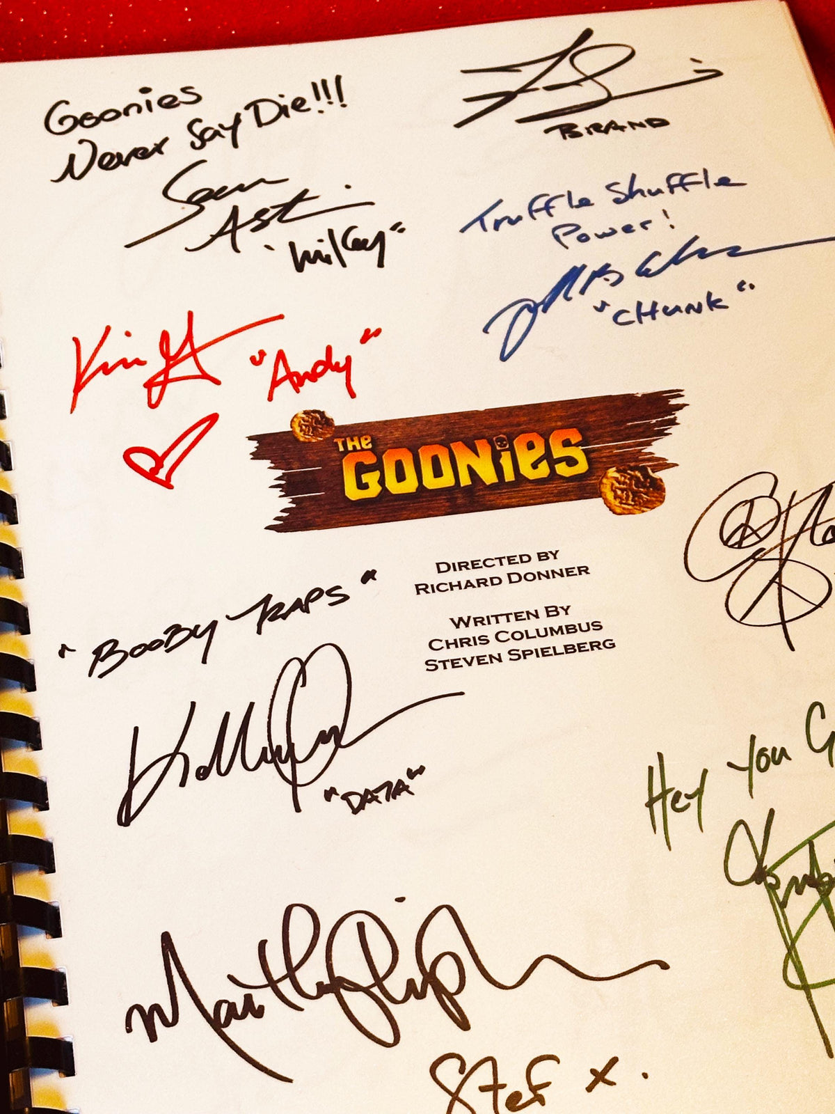 GOONIES Signed Movie Script, With Printed Cast Signatures, Autographs