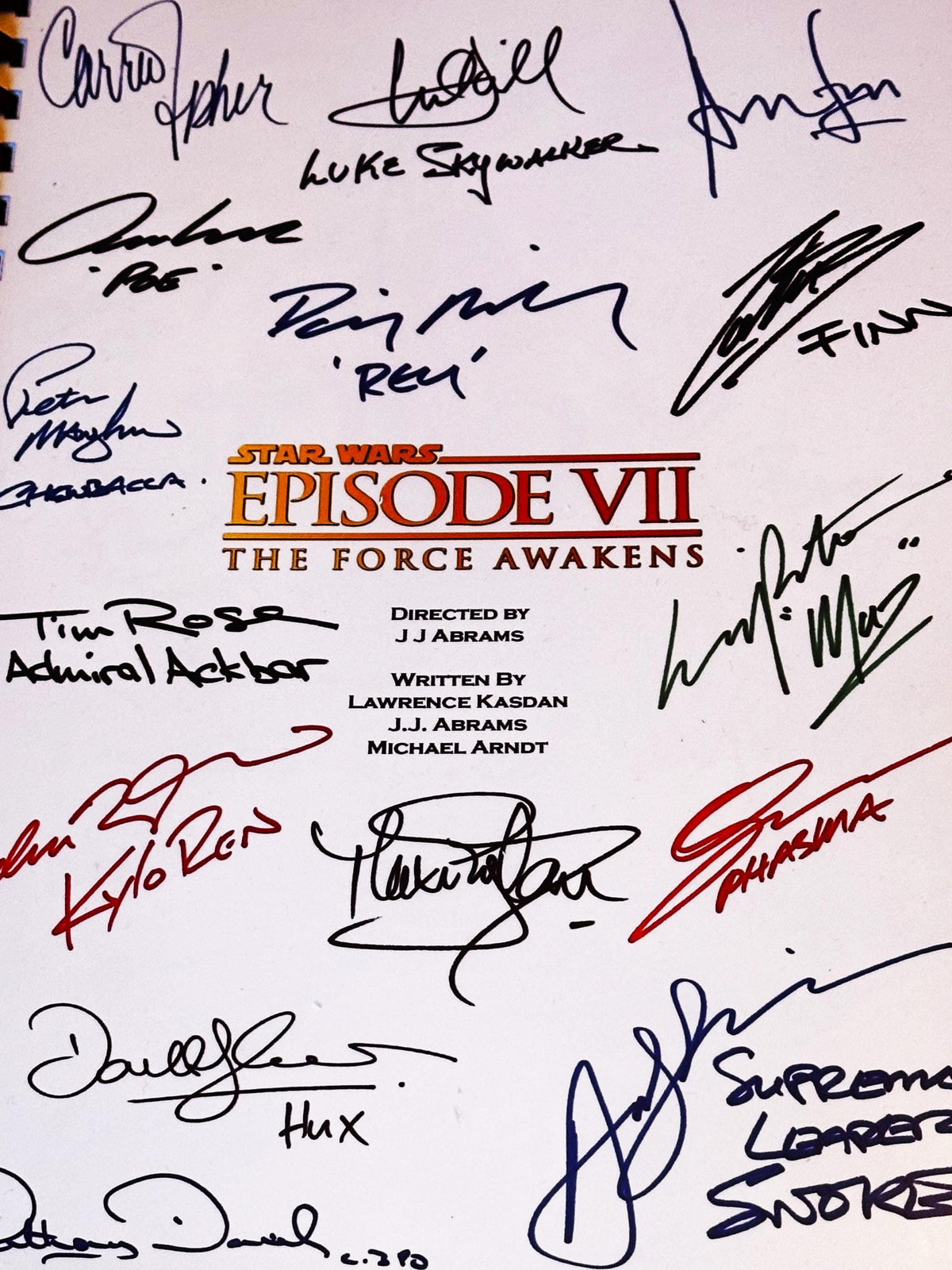 FORCE, AWAKENS Movie Script, With Printed Cast Signatures, Autographs